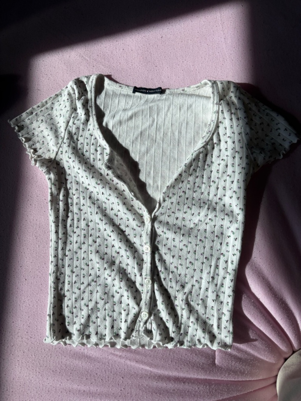 Brandy Melville White Floral Ribbed Button-Down Crop Top